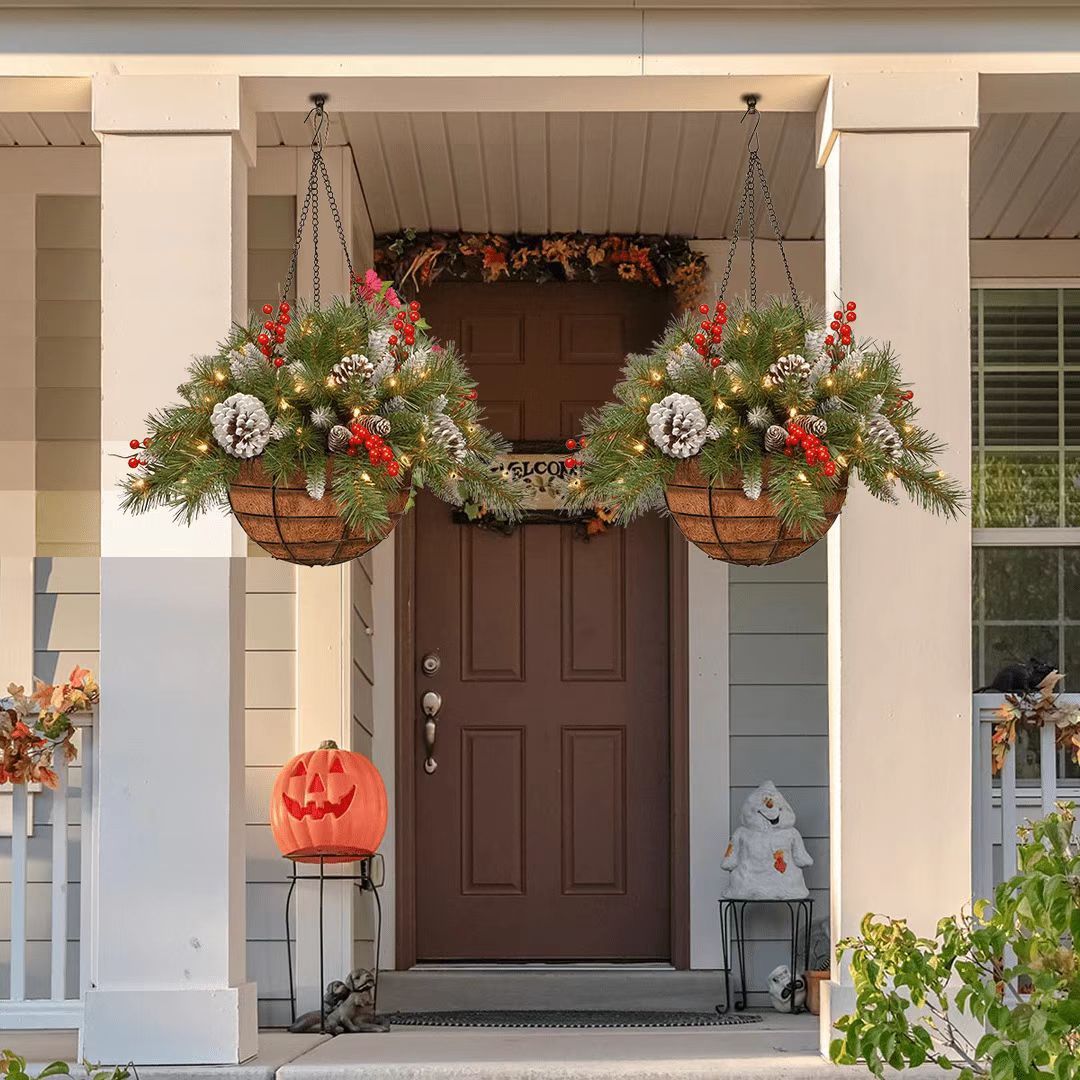 Pre-lit Artificial Christmas Hanging Basket, Mixed Decorations And White LED Lights